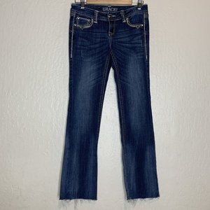 Grace In LA Blue Raw Hem Bootcut Embroidered Pockets Denim Jeans